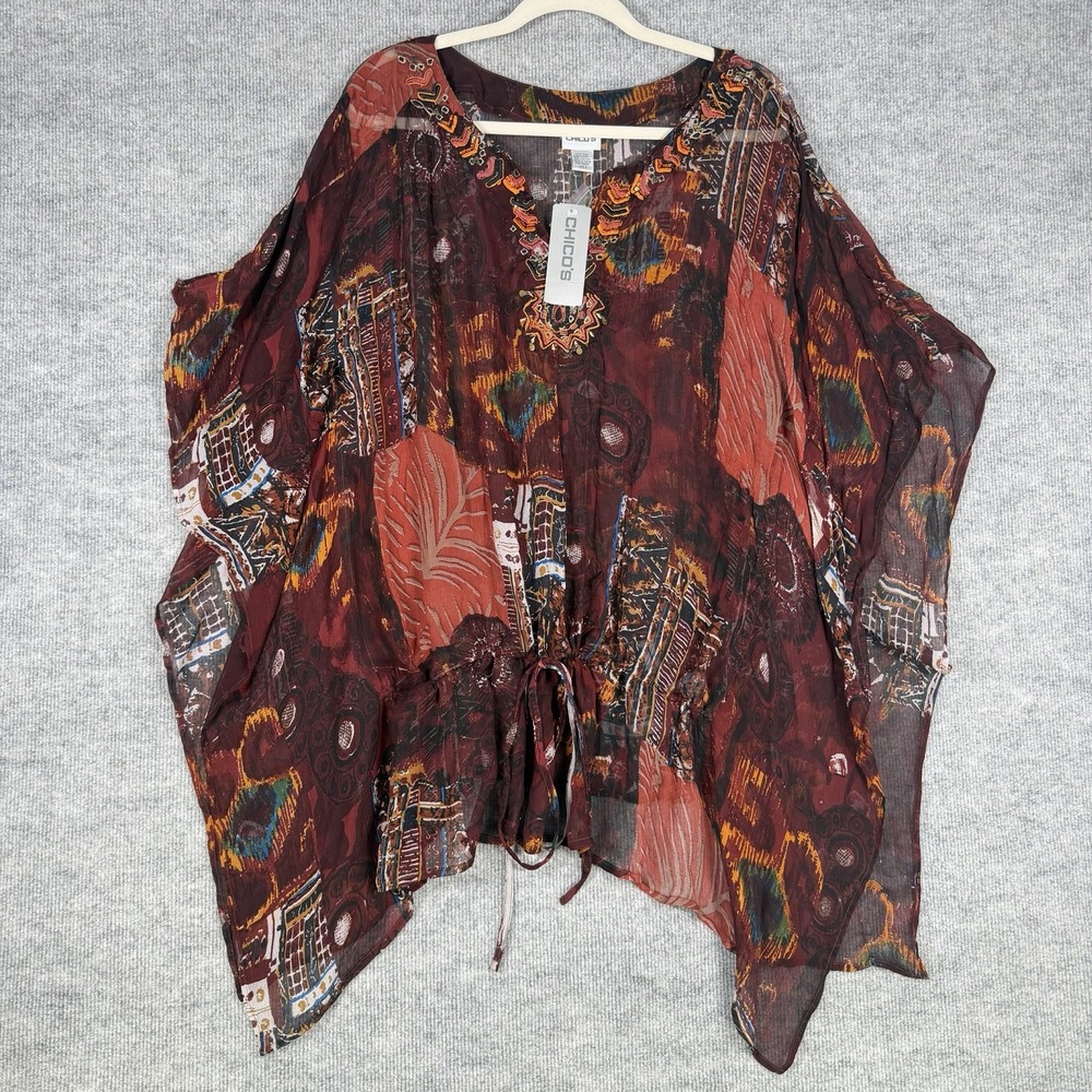 Chico's Size-3 Tunic Top Poncho Silk Sheer Boho Abstract Embroidered Drawstring